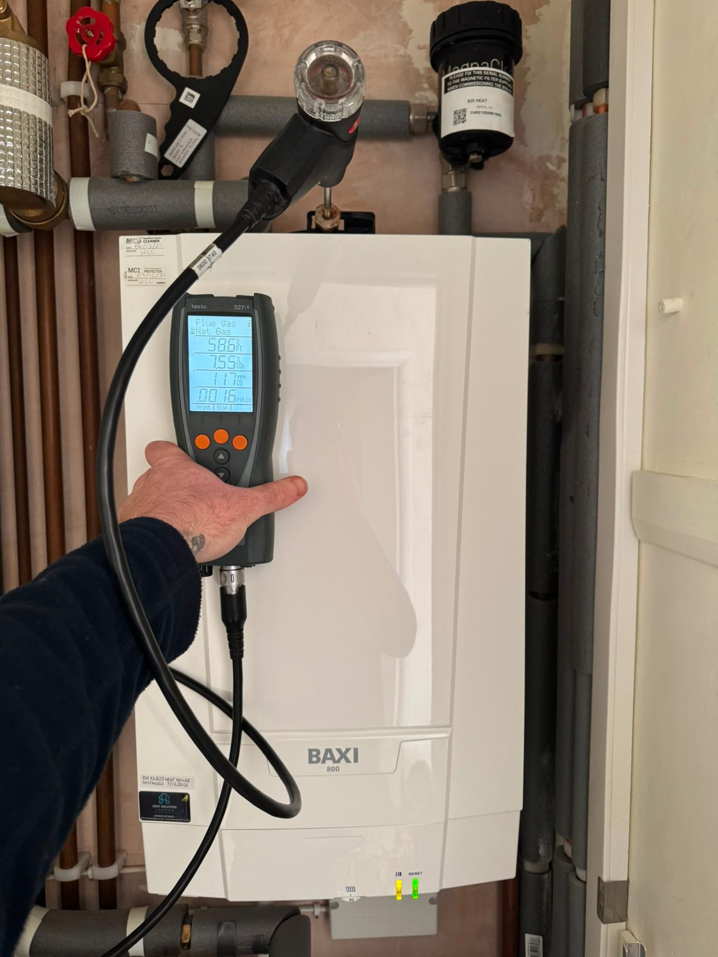 Annual boiler service with flue gas analyser on a Baxi boiler, Ashford, Surrey